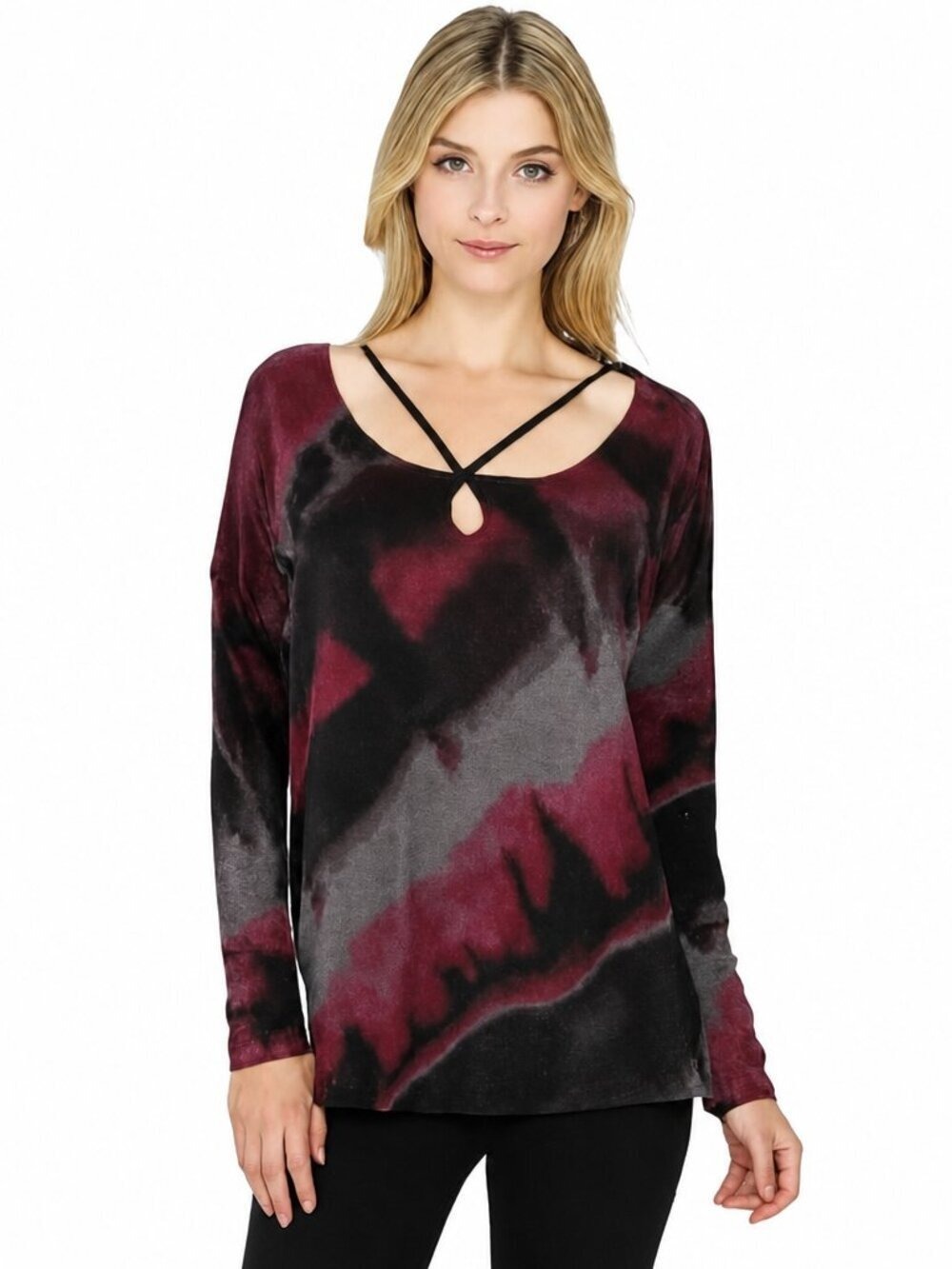 Rock & Republic Tie Dye Long Sleeve Swester Burgundy Black Gray Size Large